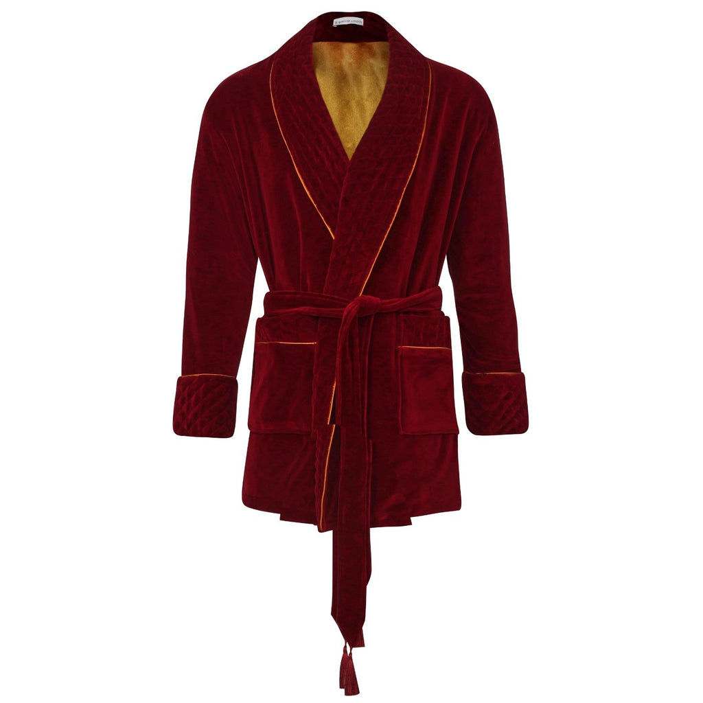 Howard Luxury Cotton Short Velvet Smoking Jacket in Burgundy - front | Bown of London