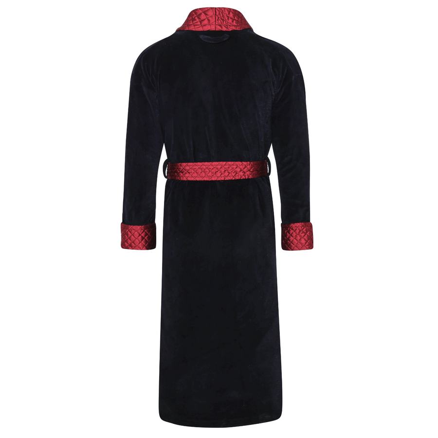 Mayfair Long Velvet Navy Smoking Jacket with Burgundy Piping