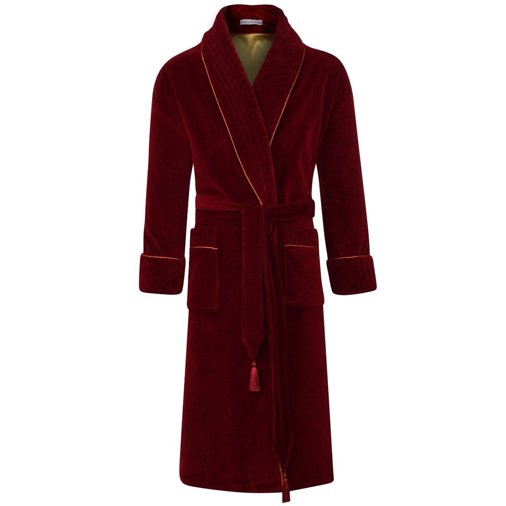 Donington Luxury Cotton Long Velvet Smoking Jacket in Burgundy - front | Bown of London