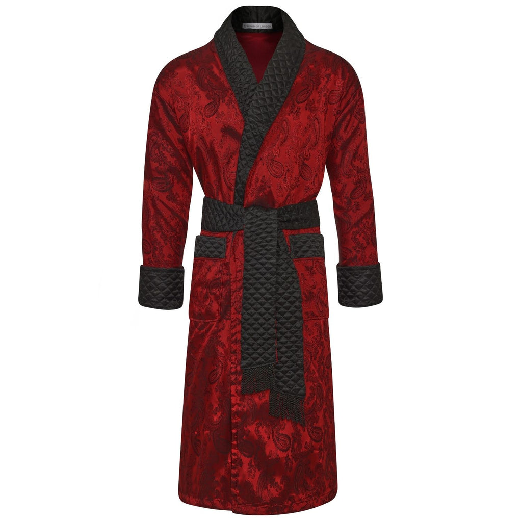 Gable Mens Long Smoking Jacket front - Claret | Bown of London