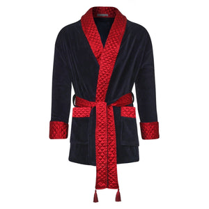 Cliveden Short Velvet Navy Smoking Jacket with Burgundy Piping - front | Bown of London