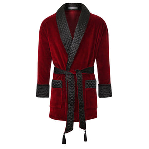 Belgravia Luxury Cotton Short Velvet Smoking Jacket in Burgundy - front | Bown of London