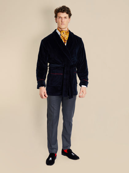 Rockefeller Luxury Cotton Short Velvet Smoking Jacket in Navy - View 2 - Bown of London