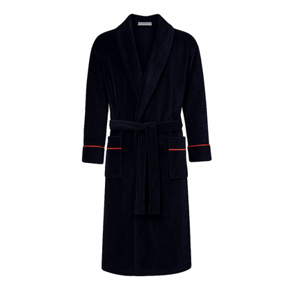 Carnegie Luxury Cotton Long Velvet Smoking Jacket in Navy