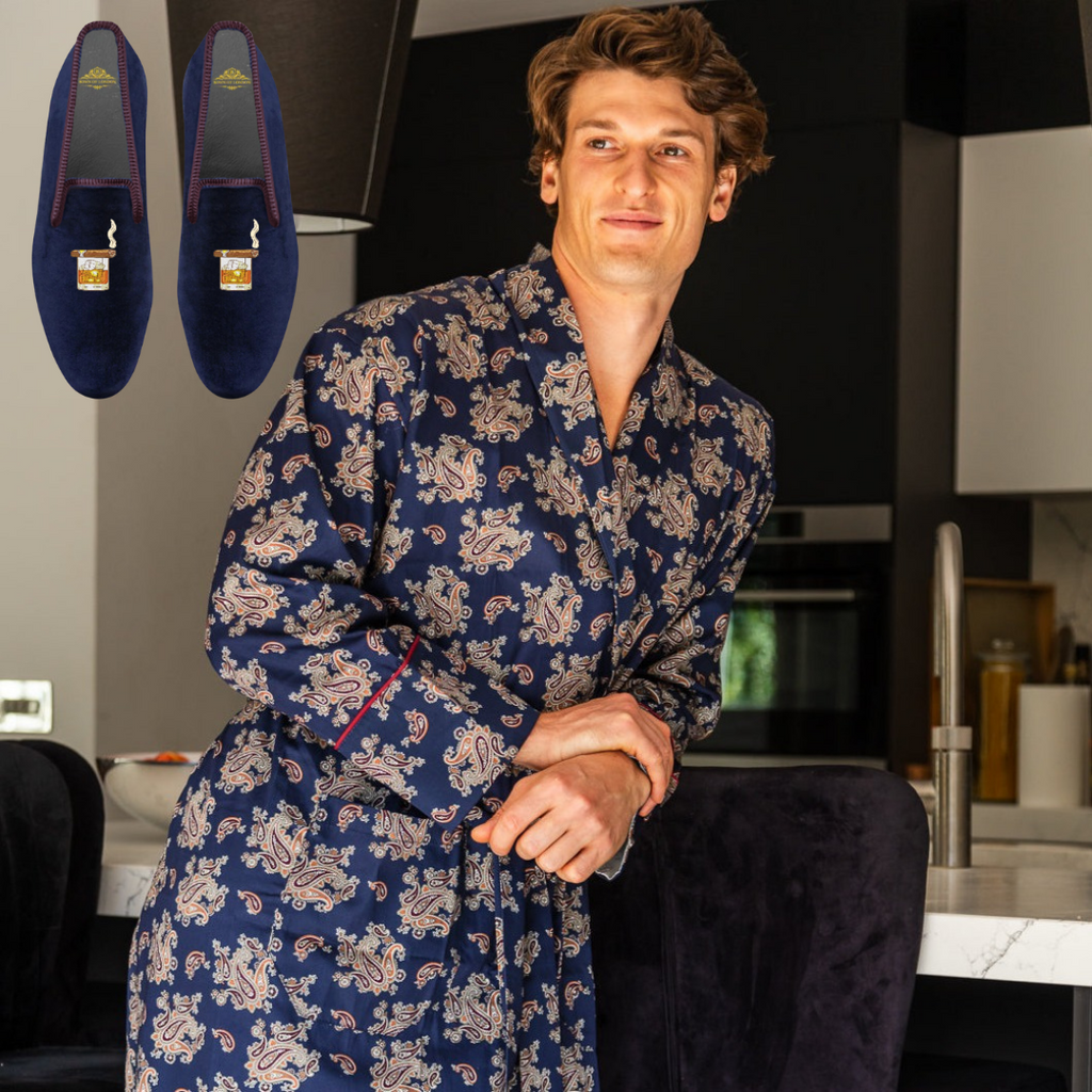 Cotton Blue Lightweight Robe & Cigar Velvet Loafers