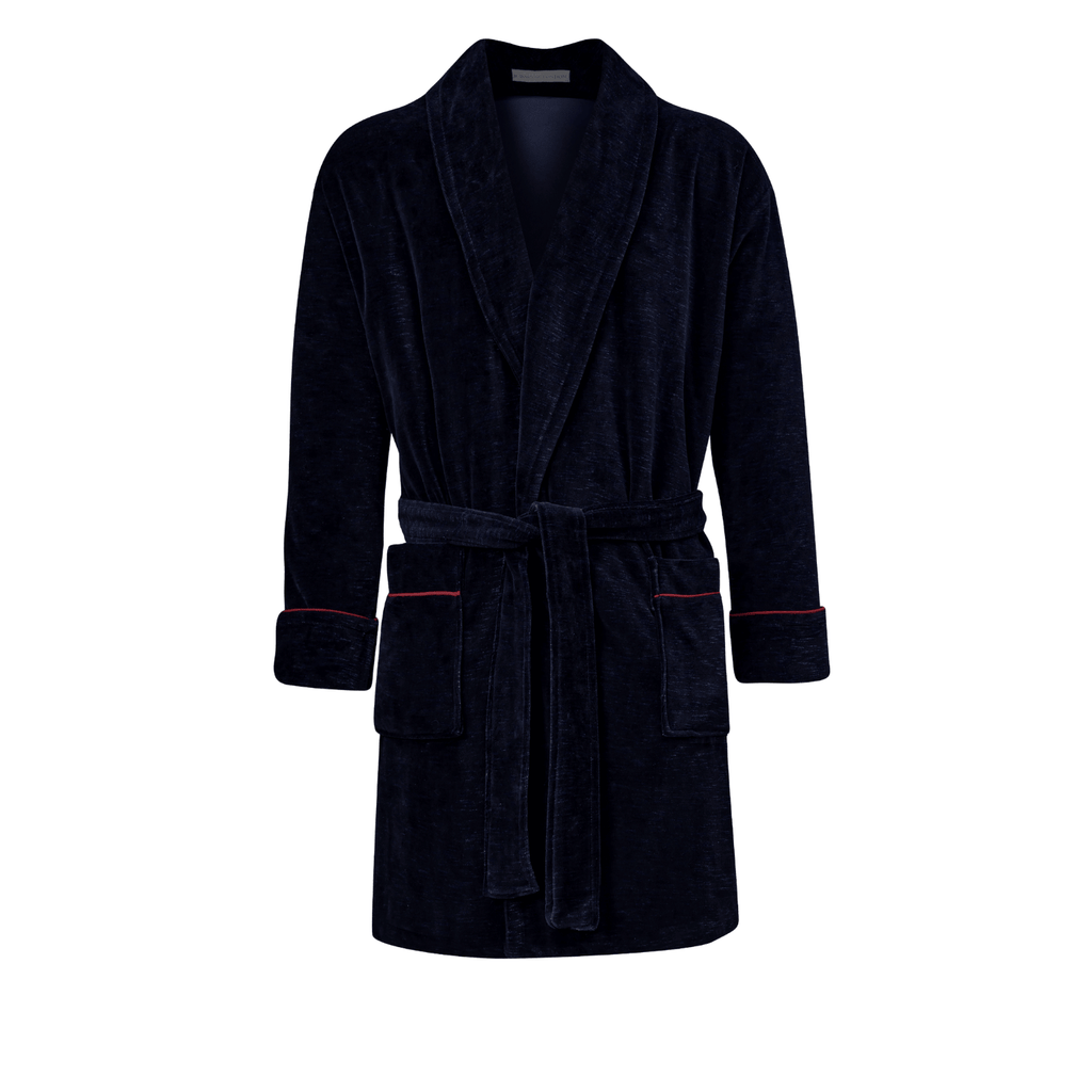 Rockefeller Luxury Cotton Short Velvet Smoking Jacket in Navy