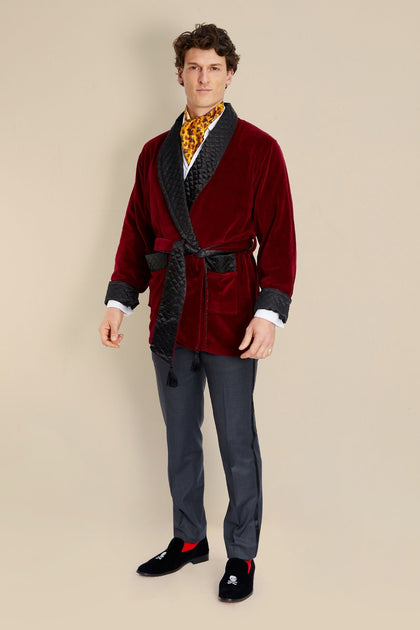 Belgravia Luxury Cotton Short Velvet Smoking Jacket in Burgundy