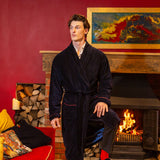 Carnegie Luxury Cotton Long Velvet Smoking Jacket in Navy