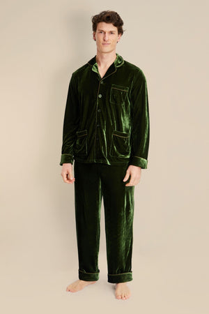 Hemes Mens Green Velvet Pajamas - Model Front | Bown of London