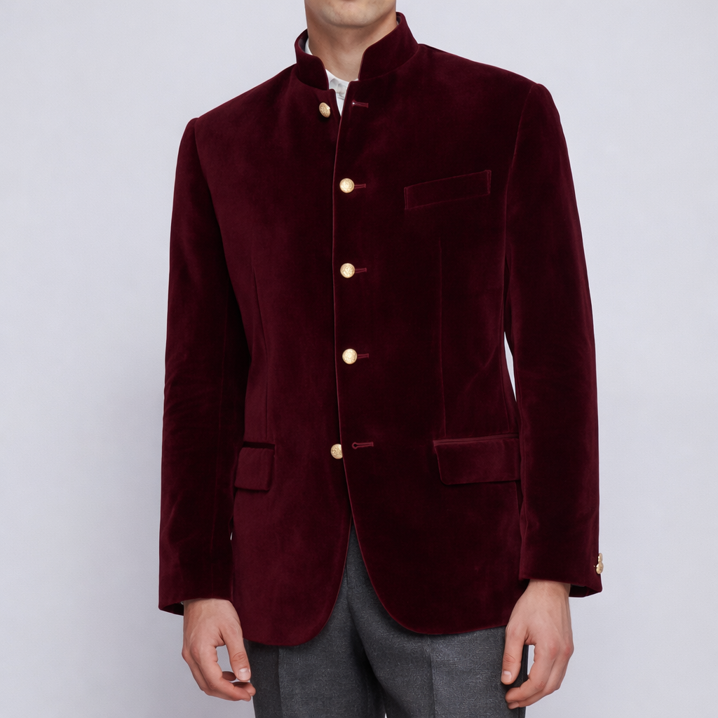 Made to Measure Maroon Italian Velvet Nehru Collar Jacket