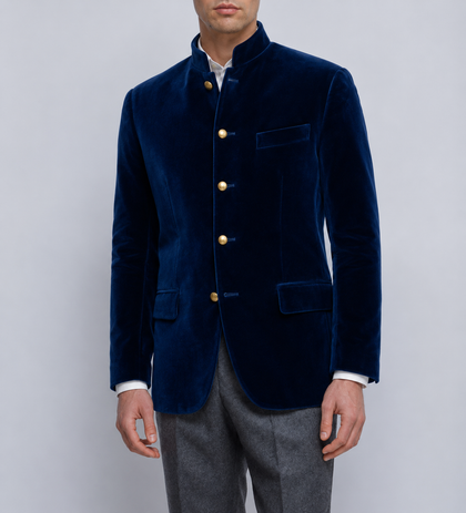 Made to Measure Navy Italian Velvet Nehru Collar Jacket