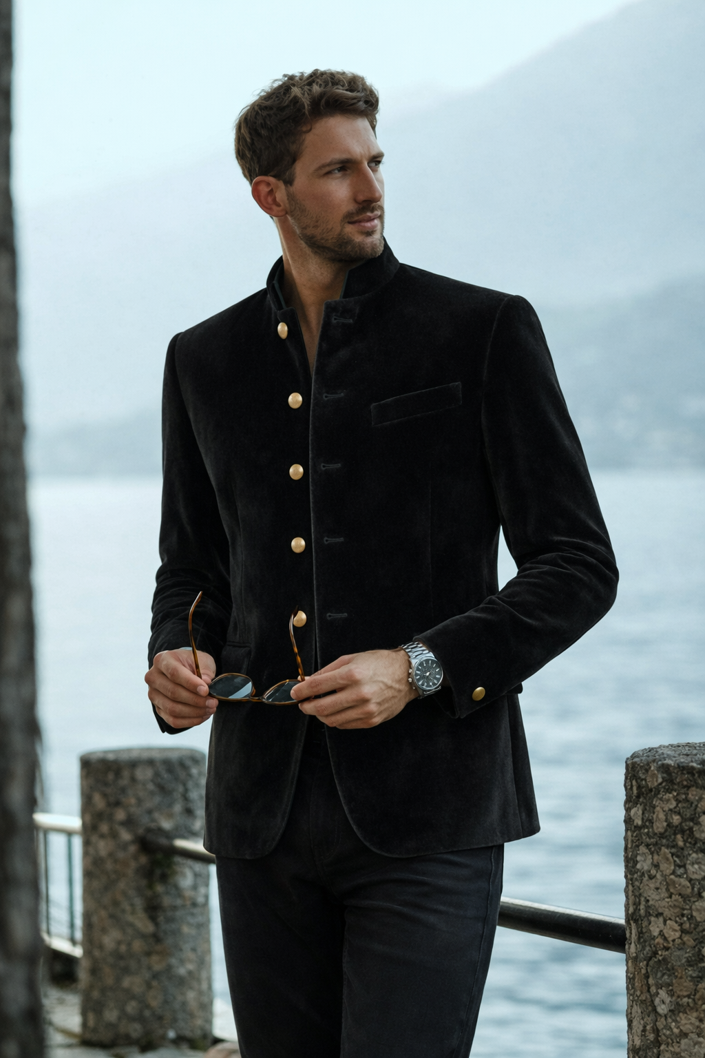 Made to Measure Black Italian Velvet Nehru Collar Jacket