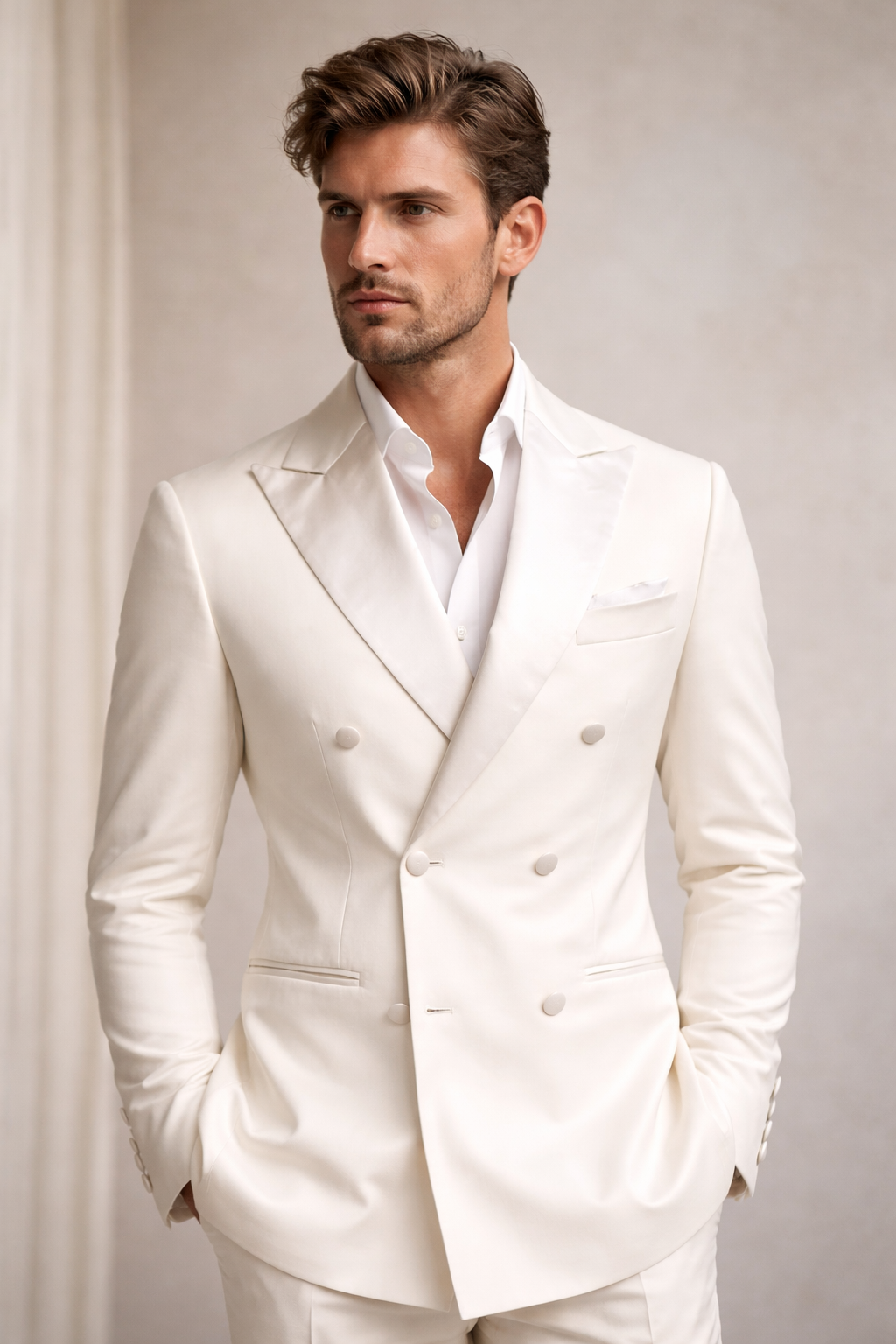 Made to measure Men's Double Breasted White Tuxedo Jacket