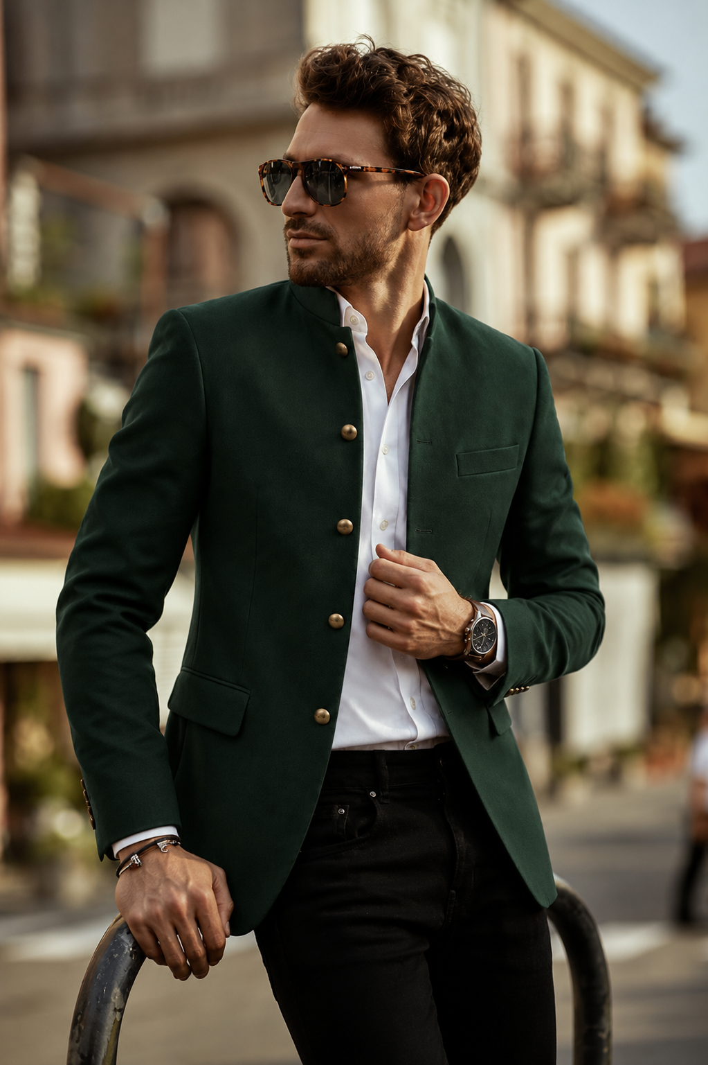 Made to Measure Green Italian Velvet Nehru Collar Jacket