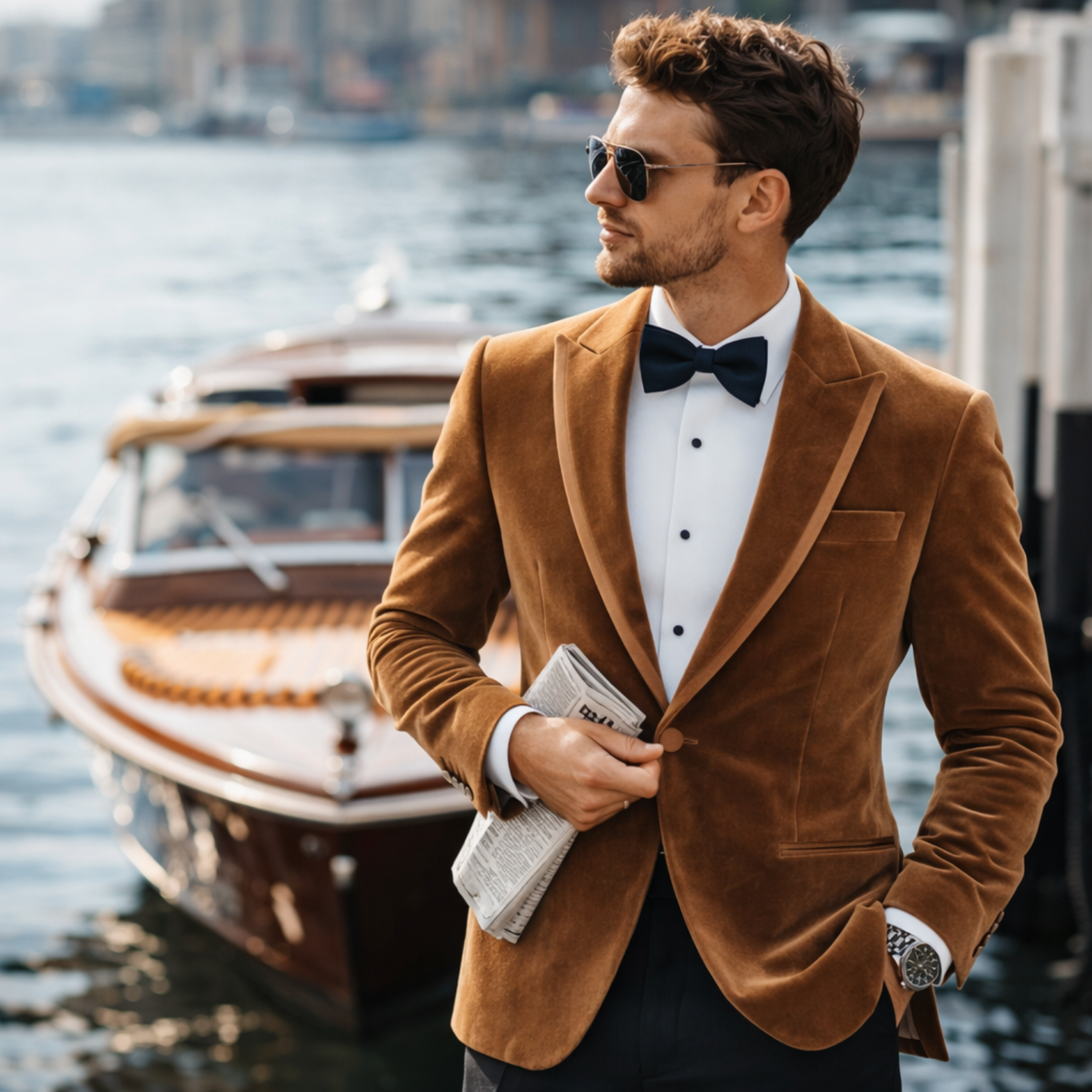 Man in a brown velvet blazer and bow tie standing by a body of water with boats in the background - Bown of London