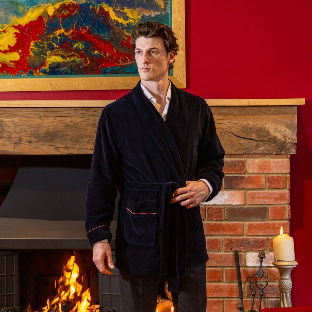 Rockefeller Luxury Cotton Short Velvet Smoking Jacket in Navy Main Image