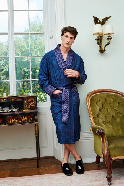 Sherlock Blue Men's Long Smoking Jacket - Model Lifestyle | Bown of London
