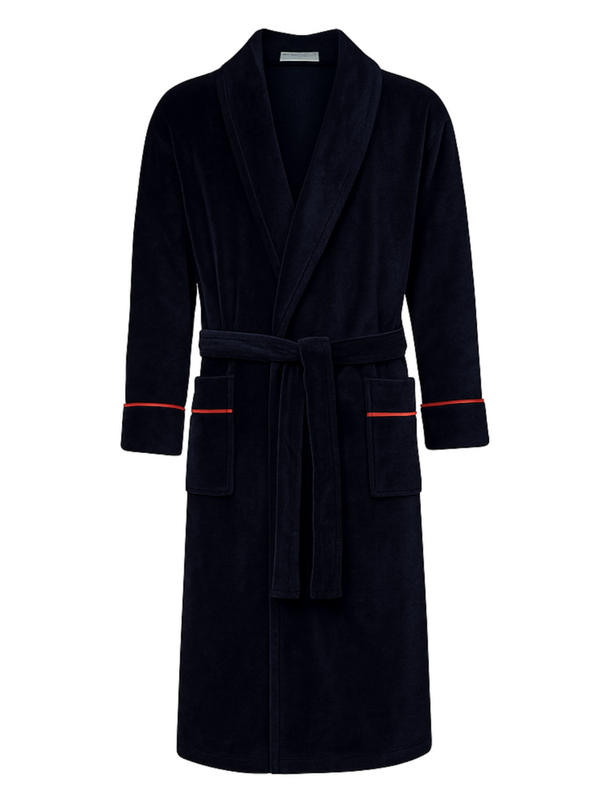 Carnegie Luxury Cotton Long Velvet Smoking Jacket in Navy