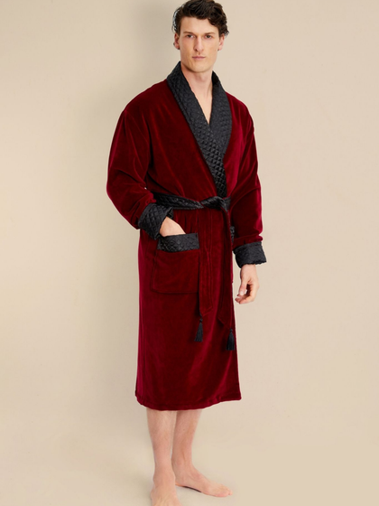 Astor Luxury Cotton Long Velvet Smoking Jacket in Burgundy