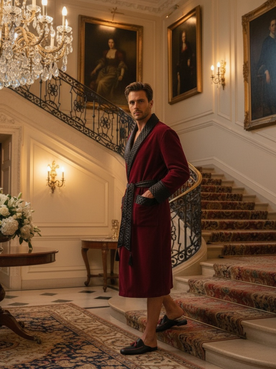 Astor Luxury Cotton Long Velvet Smoking Jacket in Burgundy