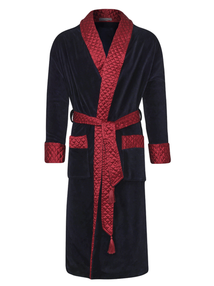 Mayfair Long Velvet Navy Smoking Jacket with Burgundy Piping