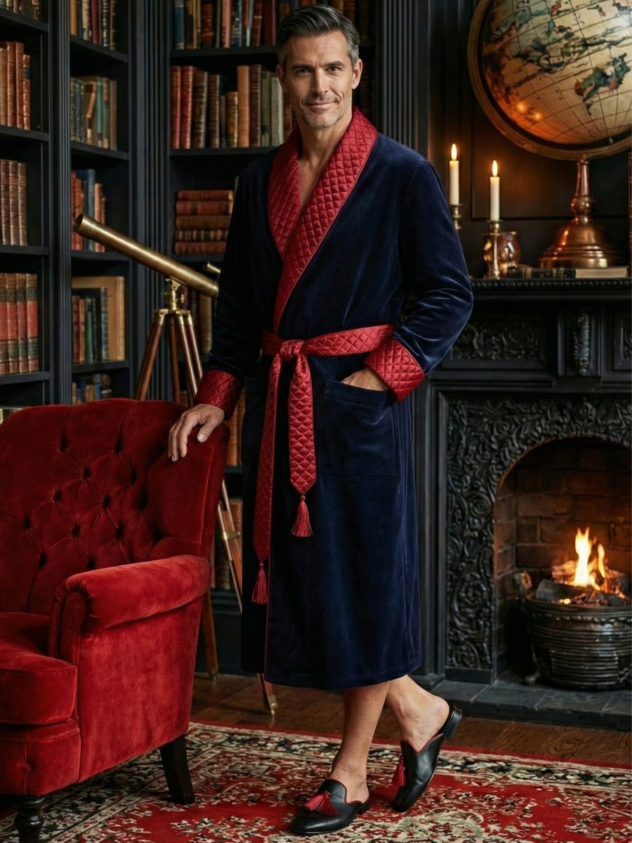 Mayfair Long Velvet Navy Smoking Jacket with Burgundy Piping