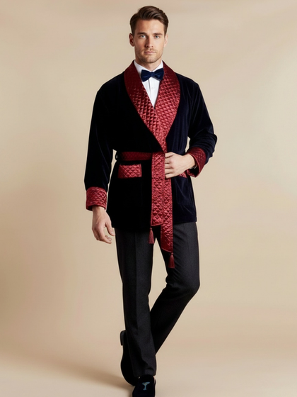 Cliveden Short Velvet Navy Smoking Jacket with Burgundy Piping