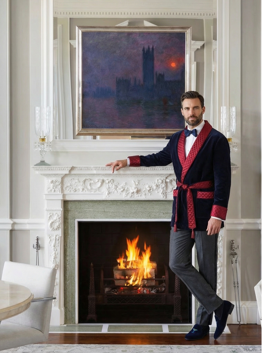 Cliveden Short Velvet Navy Smoking Jacket with Burgundy Piping