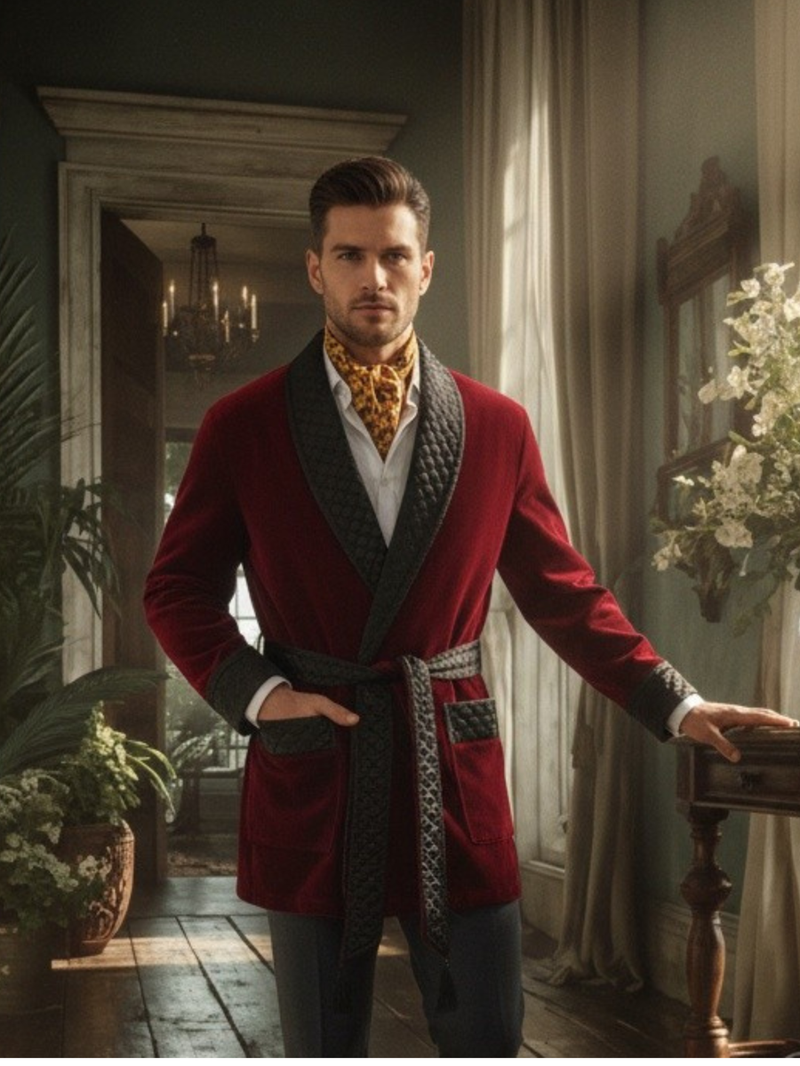 Belgravia Luxury Cotton Short Velvet Smoking Jacket in Burgundy