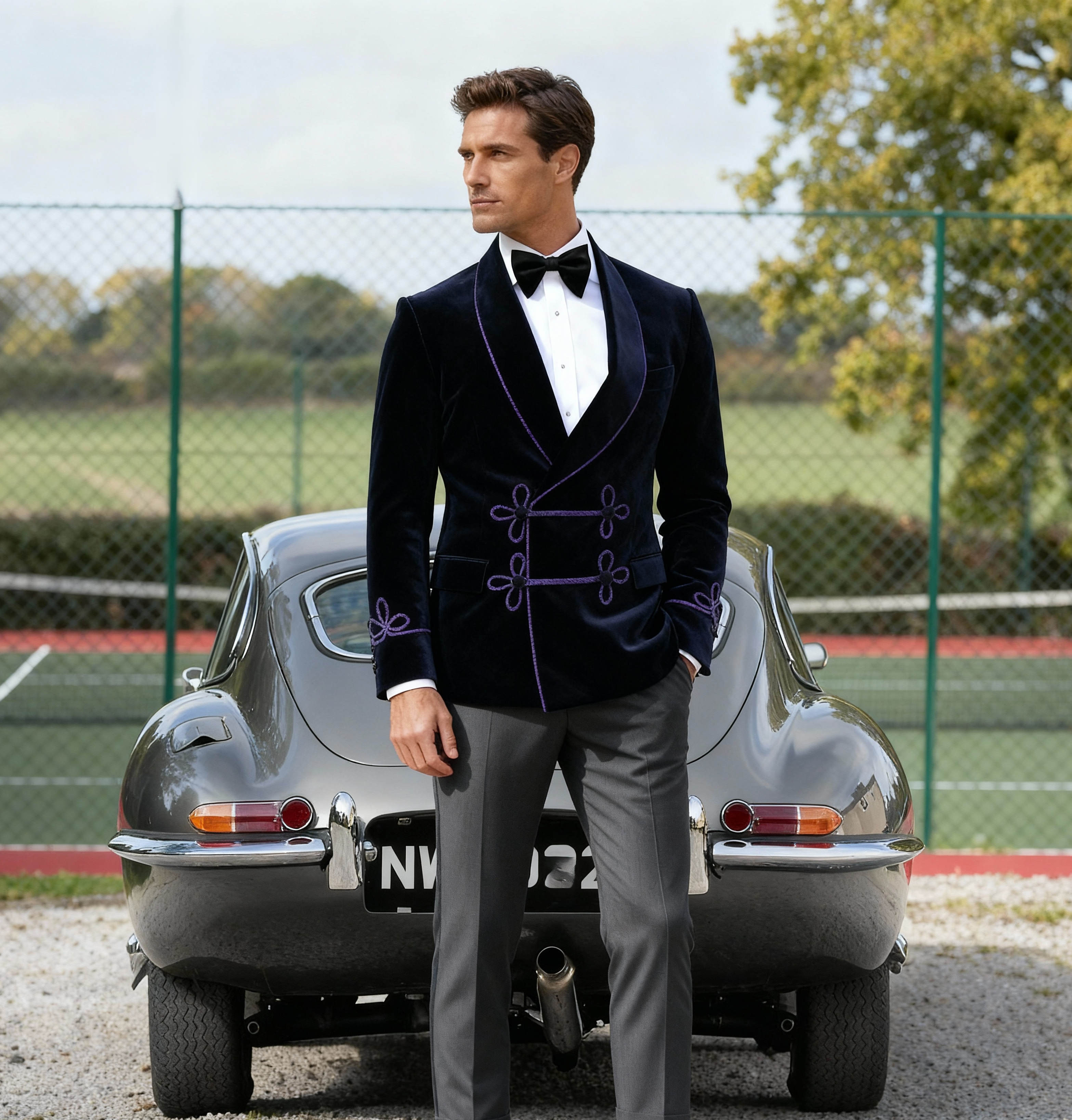 Made to Measure Double Breasted Mens Italian Velvet Smoking Jacket - Navy