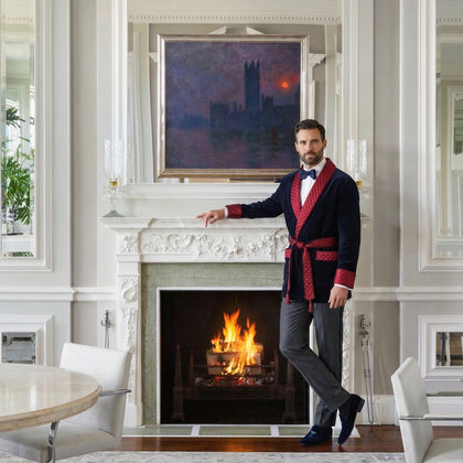 Cliveden Short Velvet Navy Smoking Jacket with Burgundy Piping