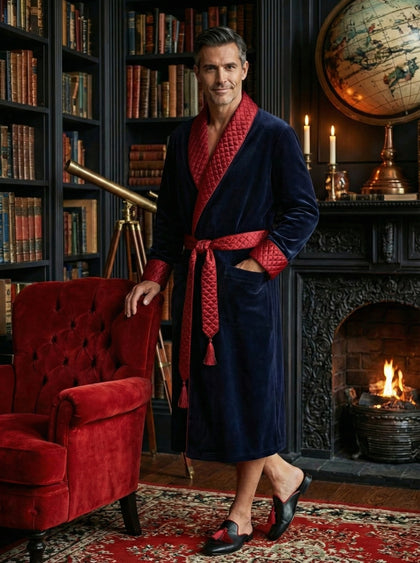 Mayfair Long Velvet Navy Smoking Jacket with Burgundy Piping