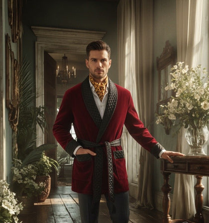 Belgravia Luxury Cotton Short Velvet Smoking Jacket in Burgundy